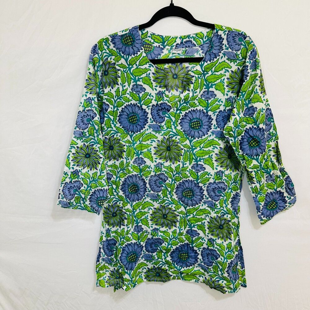 Women's BOHO Floral Deep V-Neck Tunic Top Size S 3/4 Sleeves Blue/Green Hippie
